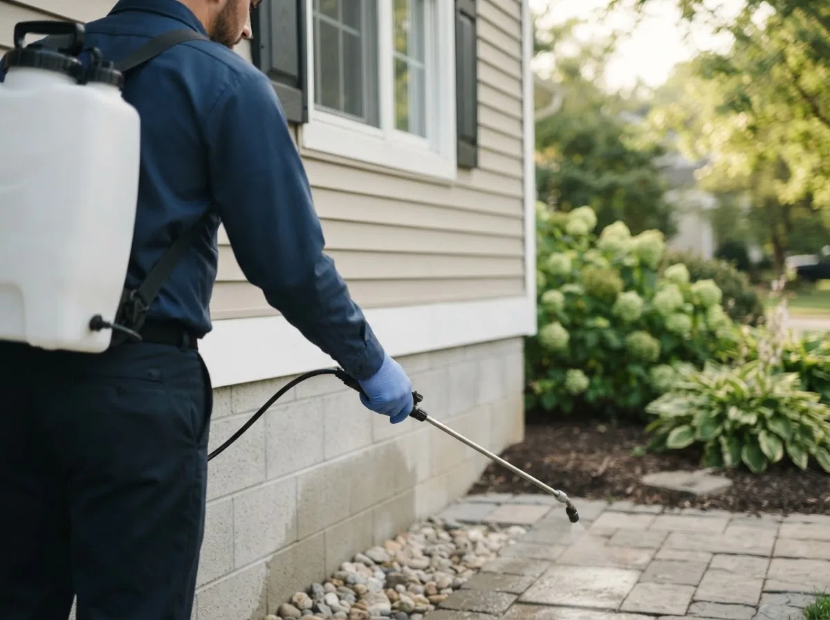 Pest control technician inspecting a home in Phlox, WI